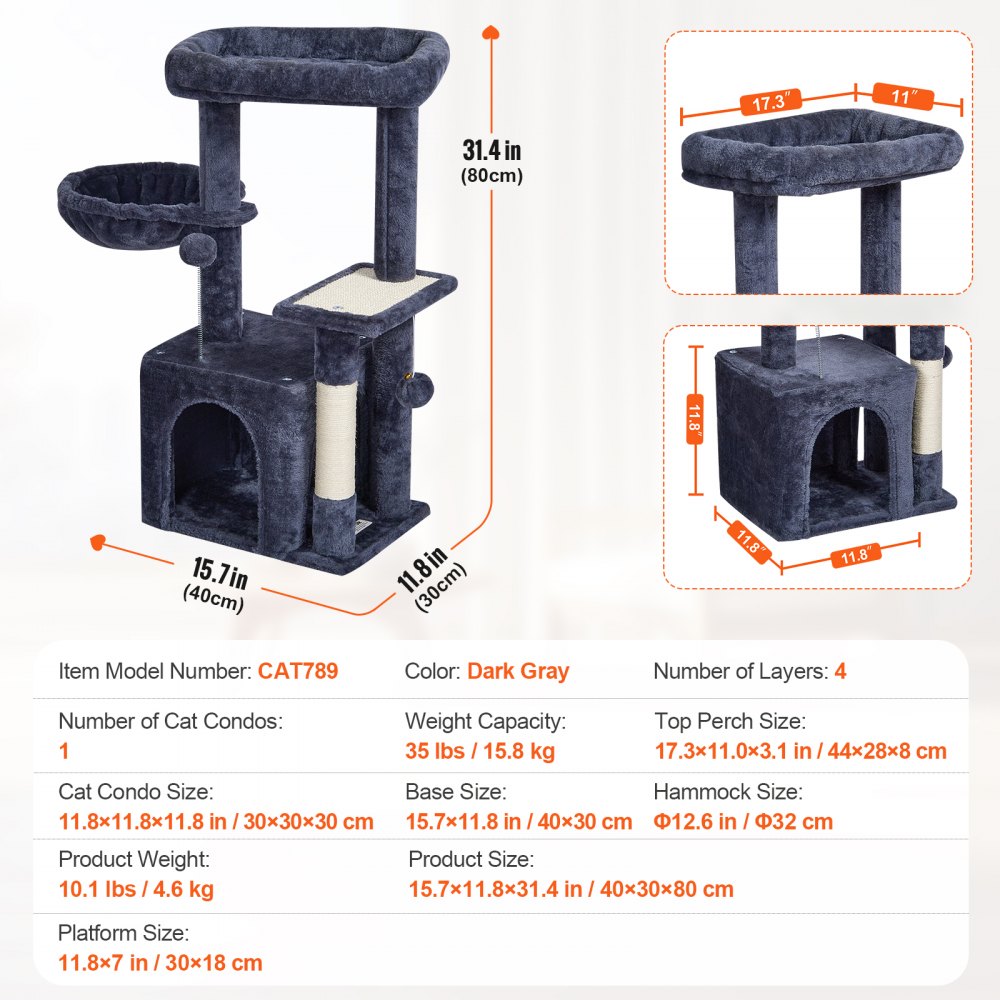 VEVOR Cat Tree for Indoor Cats, 31.4" Cat Tower with Cat Condo, Sisal Scratching Post, Hammock, Top Perch, Jumping Platform, Cat House with Hang Ball, Cat Furniture Activity Center, Dark Grey