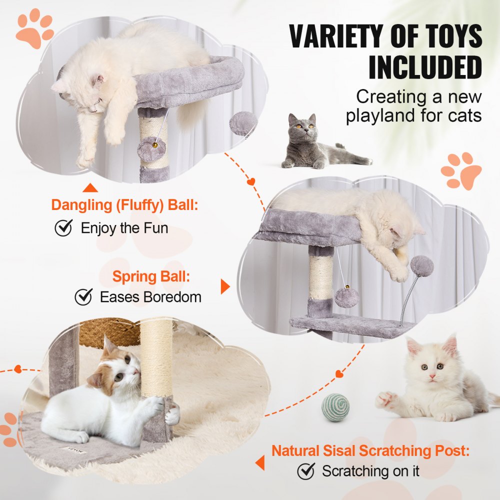 VEVOR Cat Tree for Indoor Cats, 45.2" Cat Tower with Cat Condo, Sisal Scratching Post, Hammock, Top Perch, Jumping Platforms, Large Cat House with Hang Ball, Cat Furniture Activity Center, Light Grey