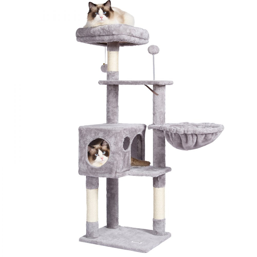 VEVOR Cat Tree for Indoor Cats, 45.2" Cat Tower with Cat Condo, Sisal Scratching Post, Hammock, Top Perch, Jumping Platforms, Large Cat House with Hang Ball, Cat Furniture Activity Center, Light Grey