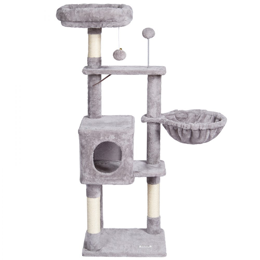 VEVOR Cat Tree for Indoor Cats, 45.2" Cat Tower with Cat Condo, Sisal Scratching Post, Hammock, Top Perch, Jumping Platforms, Large Cat House with Hang Ball, Cat Furniture Activity Center, Light Grey