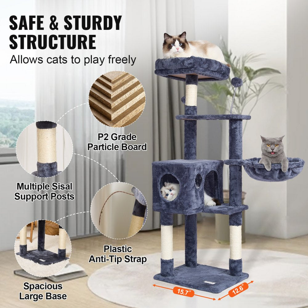 VEVOR Cat Tree for Indoor Cats, 45.2" Cat Tower with Cat Condo, Sisal Scratching Post, Hammock, Top Perch, Jumping Platforms, Large Cat House with Hang Ball, Cat Furniture Activity Center, Dark Grey