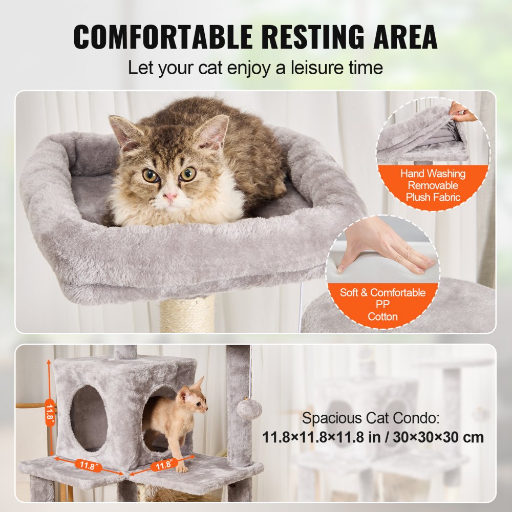 VEVOR Cat Tree for Indoor Cats, 56.2" Cat Tower with Cat Condo, Sisal Scratching Post, Hammock, Top Perch, Jumping Platforms, Large Cat House with Hang Ball, Cat Furniture Activity Center, Light Grey
