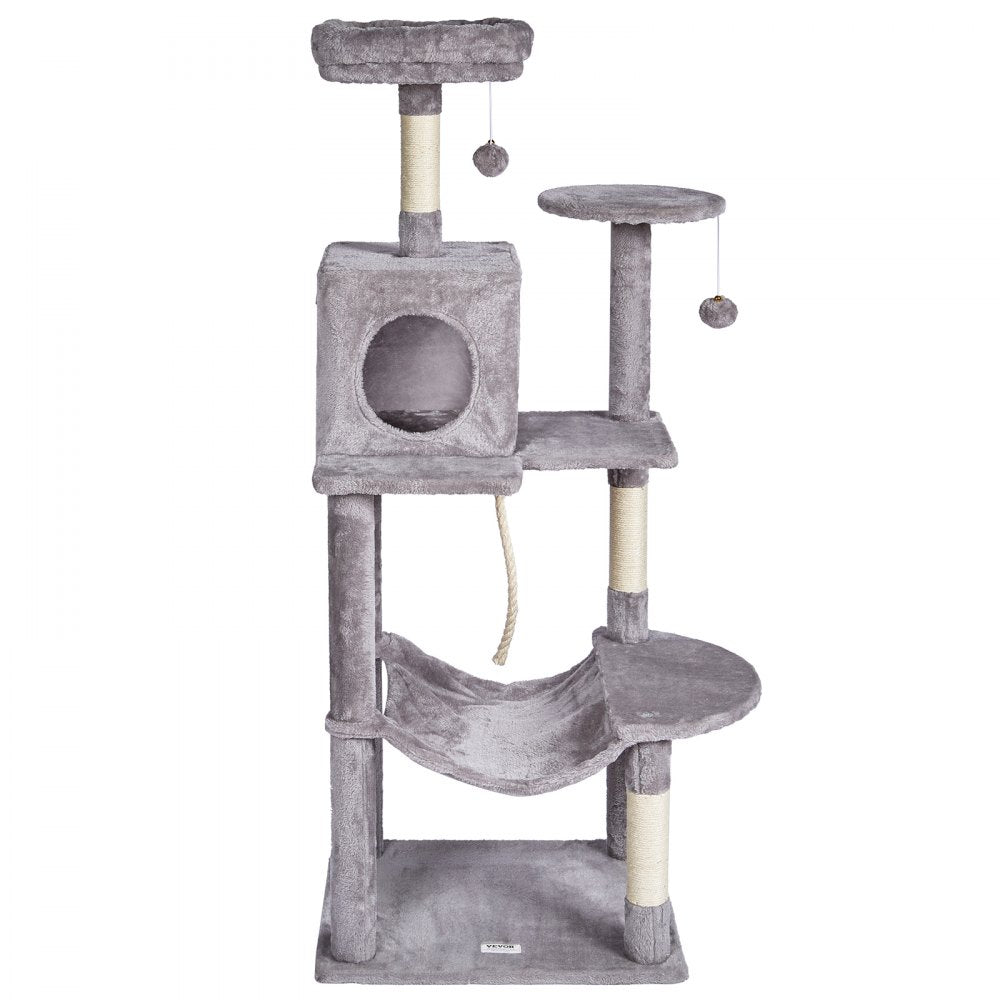 VEVOR Cat Tree for Indoor Cats, 56.2" Cat Tower with Cat Condo, Sisal Scratching Post, Hammock, Top Perch, Jumping Platforms, Large Cat House with Hang Ball, Cat Furniture Activity Center, Light Grey