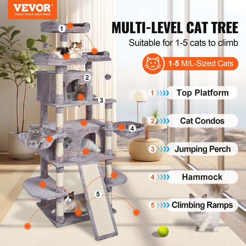 VEVOR Cat Tree for Indoor Cats, 68.5" Cat Tower with 2 Cat Condos, Sisal Scratching Post, Hammocks, Top Perches, Jumping Platforms and Ramp, Cat Furniture Activity Center with Hang Balls, Light Grey