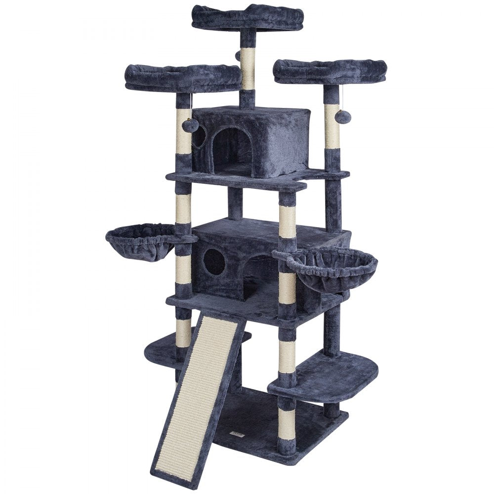 VEVOR Cat Tree for Indoor Cats, 68.5" Cat Tower with 2 Cat Condos, Sisal Scratching Post, Hammocks, Top Perches, Jumping Platforms and Ramp, Cat Furniture Activity Center with Hang Balls, Dark Grey