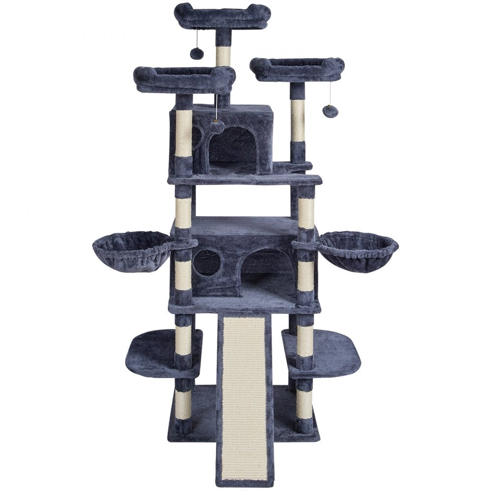 VEVOR Cat Tree for Indoor Cats, 68.5" Cat Tower with 2 Cat Condos, Sisal Scratching Post, Hammocks, Top Perches, Jumping Platforms and Ramp, Cat Furniture Activity Center with Hang Balls, Dark Grey