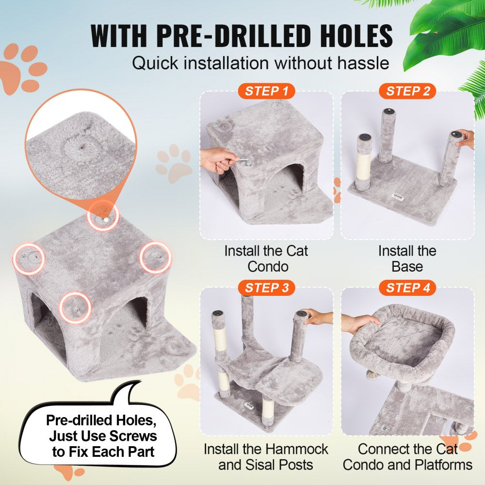 VEVOR Cat Tree for Indoor Cats, 60.6" Cat Tower with Cat Condo, Sisal Scratching Post, Hammock, Top Perch, Jumping Platforms, Large Cat Furniture Activity Center with Hang Ball, Light Grey