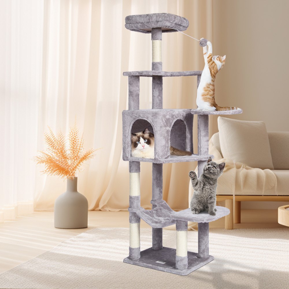 VEVOR Cat Tree for Indoor Cats, 60.6" Cat Tower with Cat Condo, Sisal Scratching Post, Hammock, Top Perch, Jumping Platforms, Large Cat Furniture Activity Center with Hang Ball, Light Grey
