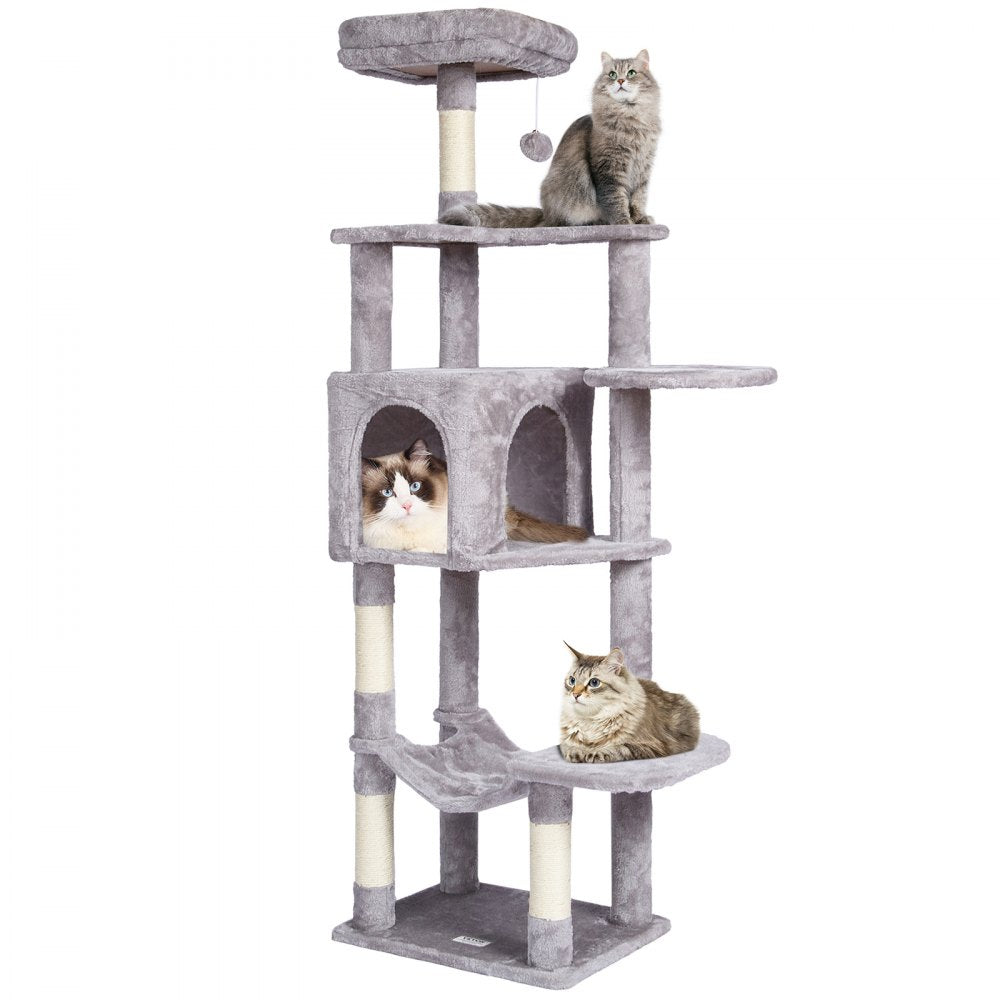 VEVOR Cat Tree for Indoor Cats, 60.6" Cat Tower with Cat Condo, Sisal Scratching Post, Hammock, Top Perch, Jumping Platforms, Large Cat Furniture Activity Center with Hang Ball, Light Grey