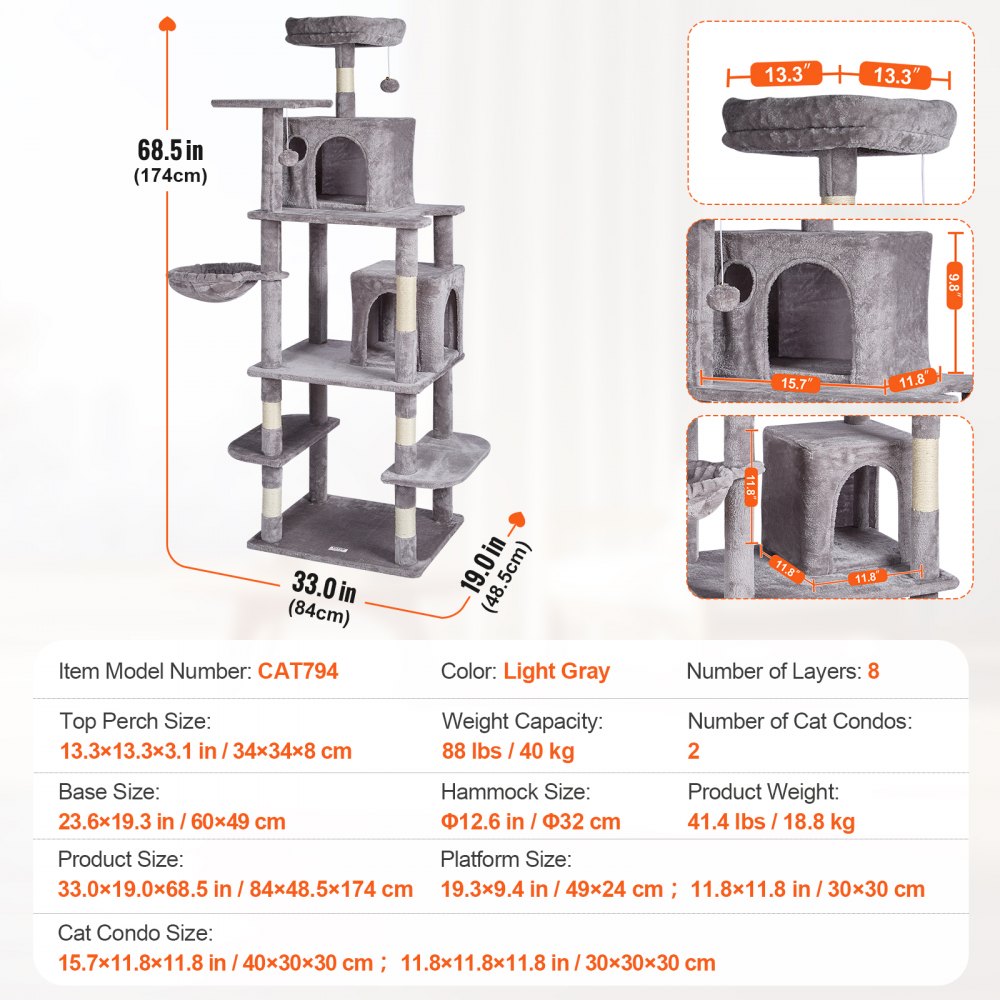 VEVOR Cat Tree for Indoor Cats, 68.5" Cat Tower with 2 Cat Condos, Sisal Scratching Post, Hammock, Top Perch, Jumping Platforms, Large Cat Furniture Activity Center with Hang Ball, Light Grey