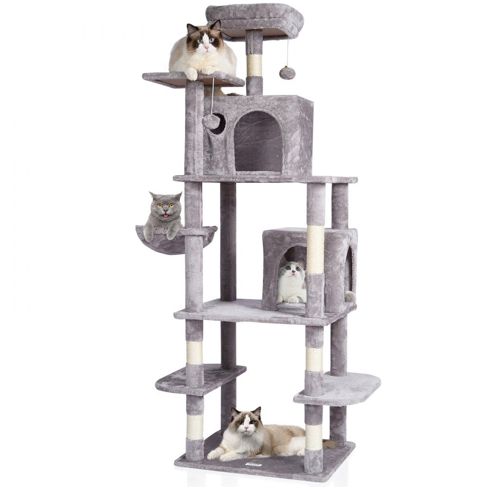 VEVOR Cat Tree for Indoor Cats, 68.5" Cat Tower with 2 Cat Condos, Sisal Scratching Post, Hammock, Top Perch, Jumping Platforms, Large Cat Furniture Activity Center with Hang Ball, Light Grey