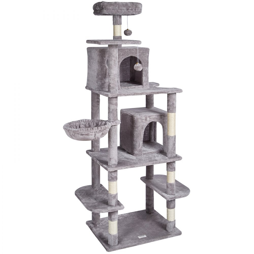 VEVOR Cat Tree for Indoor Cats, 68.5" Cat Tower with 2 Cat Condos, Sisal Scratching Post, Hammock, Top Perch, Jumping Platforms, Large Cat Furniture Activity Center with Hang Ball, Light Grey
