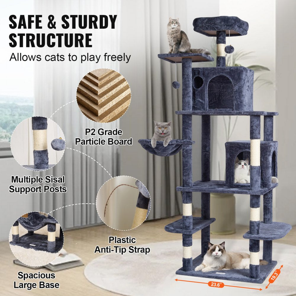 VEVOR Cat Tree for Indoor Cats, 68.5" Cat Tower with 2 Cat Condos, Sisal Scratching Post, Hammock, Top Perch, Jumping Platforms, Large Cat Furniture Activity Center with Hang Ball, Dark Grey