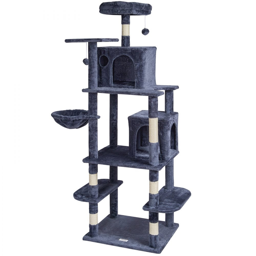 VEVOR Cat Tree for Indoor Cats, 68.5" Cat Tower with 2 Cat Condos, Sisal Scratching Post, Hammock, Top Perch, Jumping Platforms, Large Cat Furniture Activity Center with Hang Ball, Dark Grey