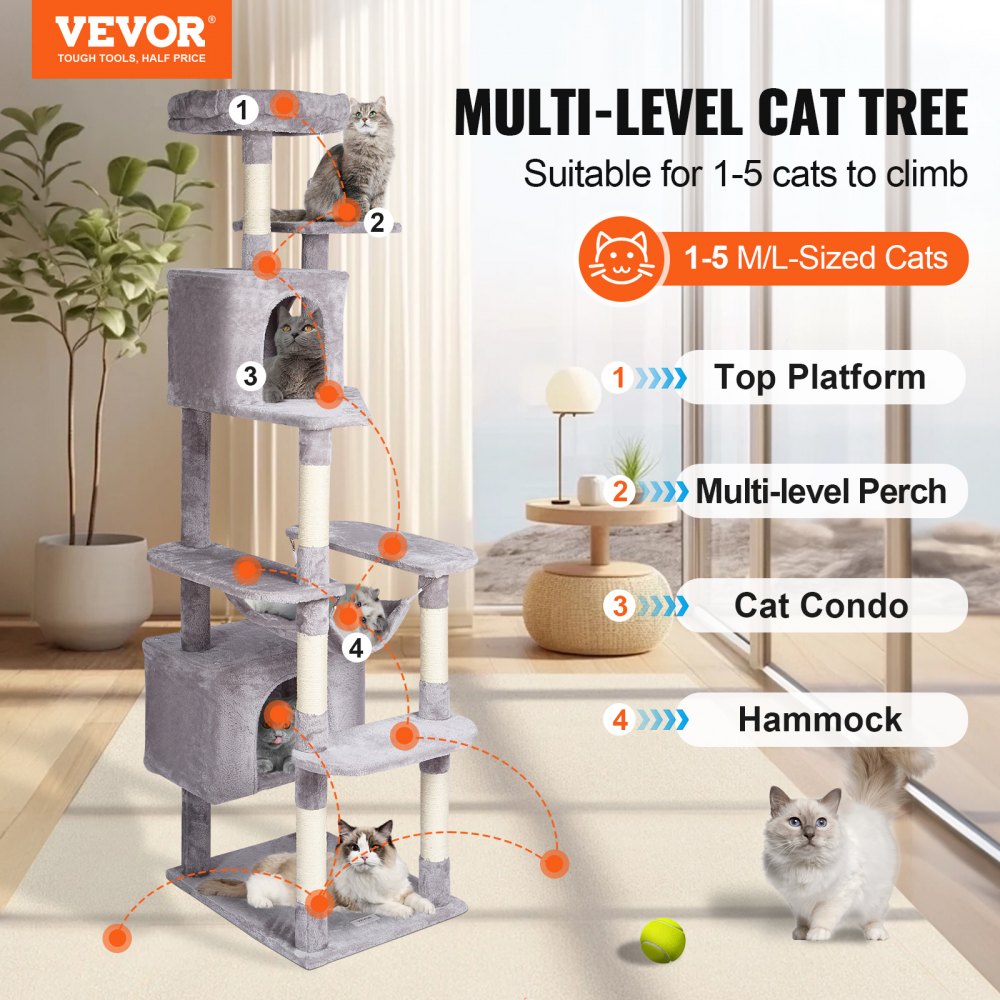 VEVOR Cat Tree for Indoor Cats, 72" Cat Tower with 2 Cat Condos, Sisal Scratching Post, Hammock, Top Perch, Jumping Platforms, Large Cat Furniture Activity Center with Hang Ball, Light Grey