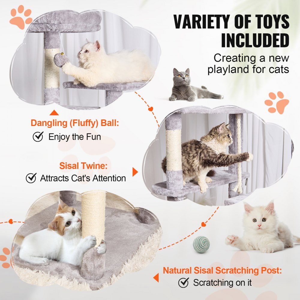 VEVOR Cat Tree for Indoor Cats, 72" Cat Tower with 2 Cat Condos, Sisal Scratching Post, Hammock, Top Perch, Jumping Platforms, Large Cat Furniture Activity Center with Hang Ball, Light Grey