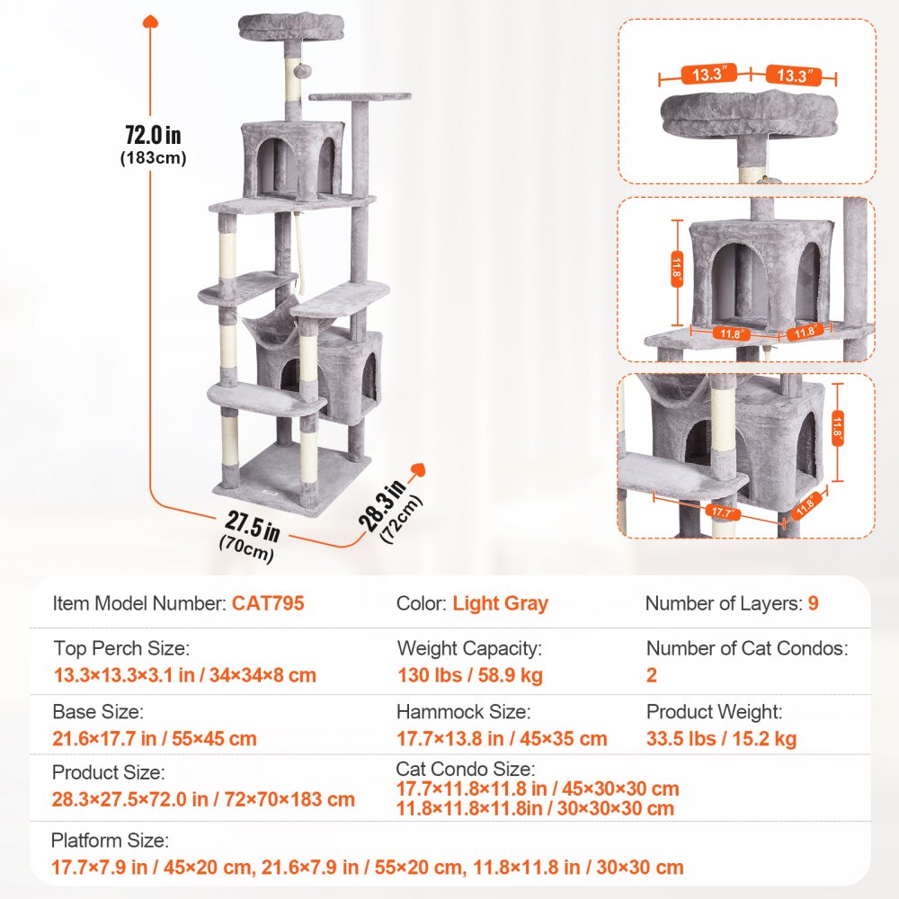 VEVOR Cat Tree for Indoor Cats, 72" Cat Tower with 2 Cat Condos, Sisal Scratching Post, Hammock, Top Perch, Jumping Platforms, Large Cat Furniture Activity Center with Hang Ball, Light Grey