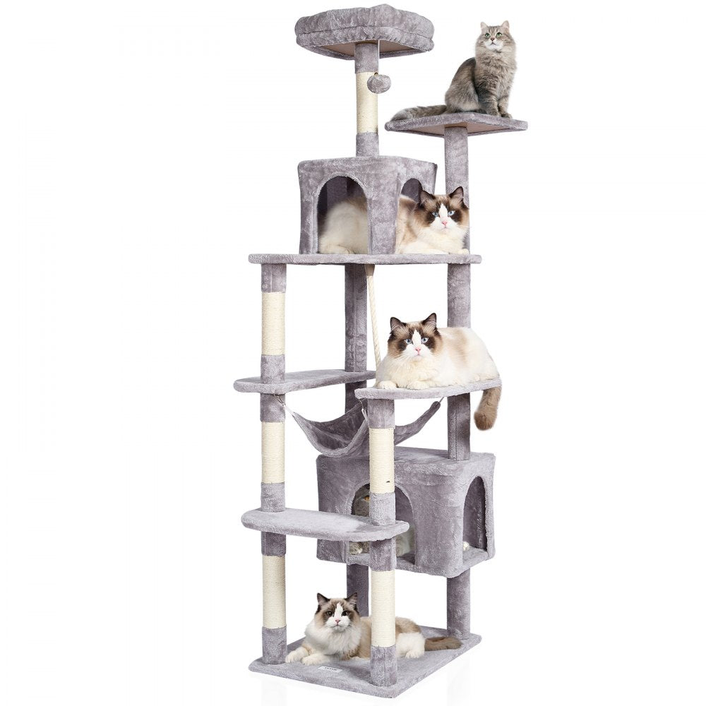 VEVOR Cat Tree for Indoor Cats, 72" Cat Tower with 2 Cat Condos, Sisal Scratching Post, Hammock, Top Perch, Jumping Platforms, Large Cat Furniture Activity Center with Hang Ball, Light Grey