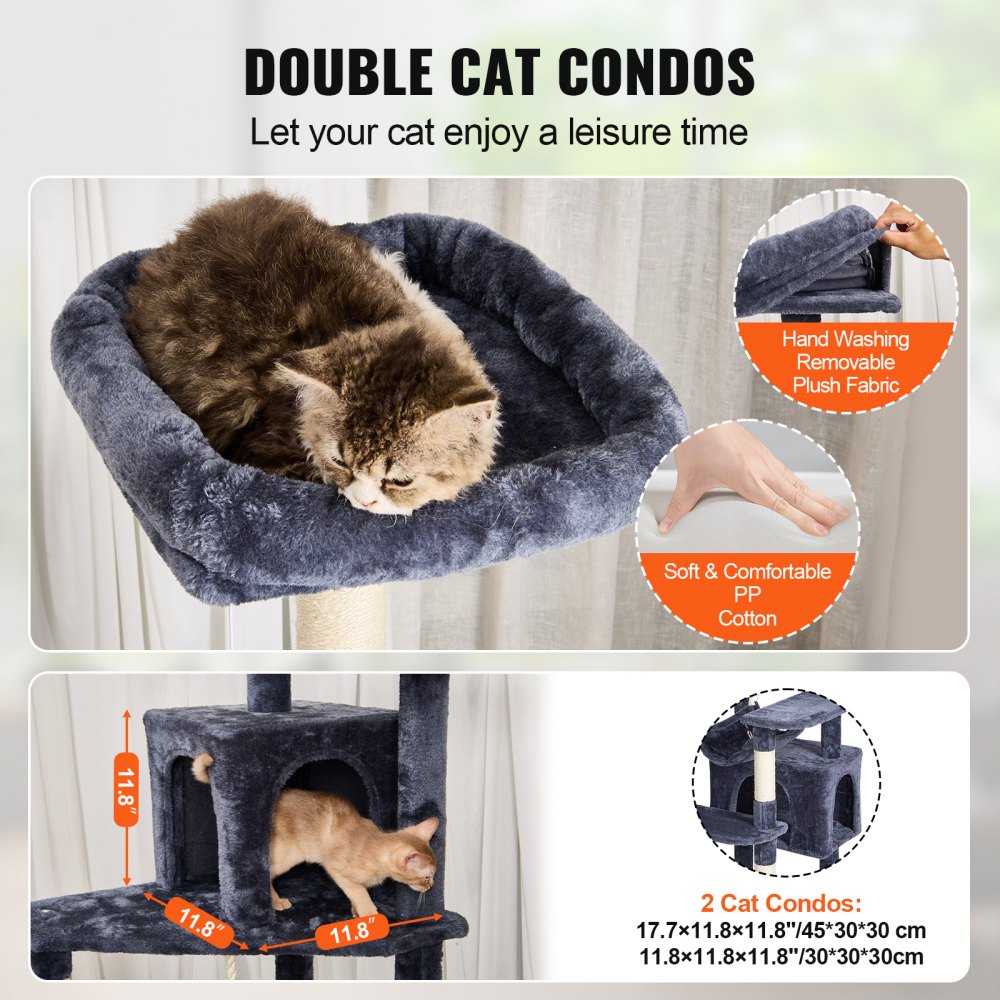 VEVOR Cat Tree for Indoor Cats, 72" Cat Tower with 2 Cat Condos, Sisal Scratching Post, Hammock, Top Perch, Jumping Platforms, Large Cat Furniture Activity Center with Hang Ball, Dark Grey