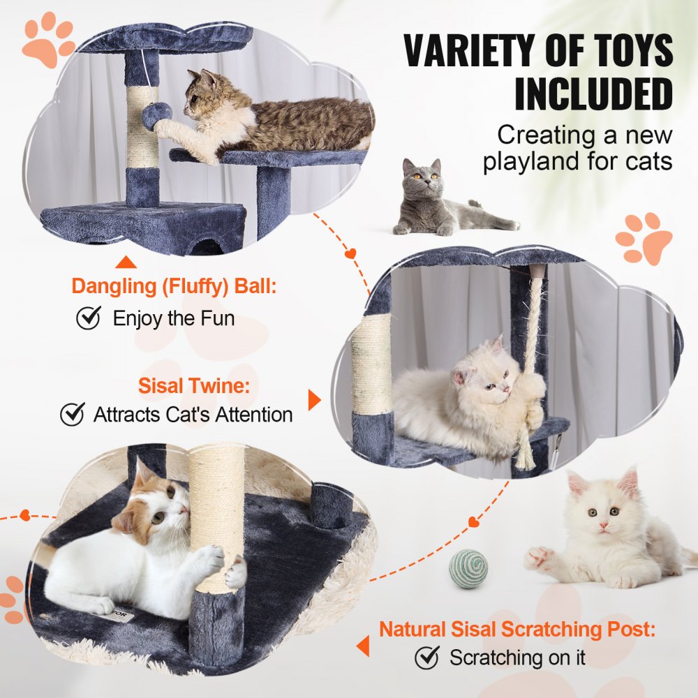 VEVOR Cat Tree for Indoor Cats, 72" Cat Tower with 2 Cat Condos, Sisal Scratching Post, Hammock, Top Perch, Jumping Platforms, Large Cat Furniture Activity Center with Hang Ball, Dark Grey