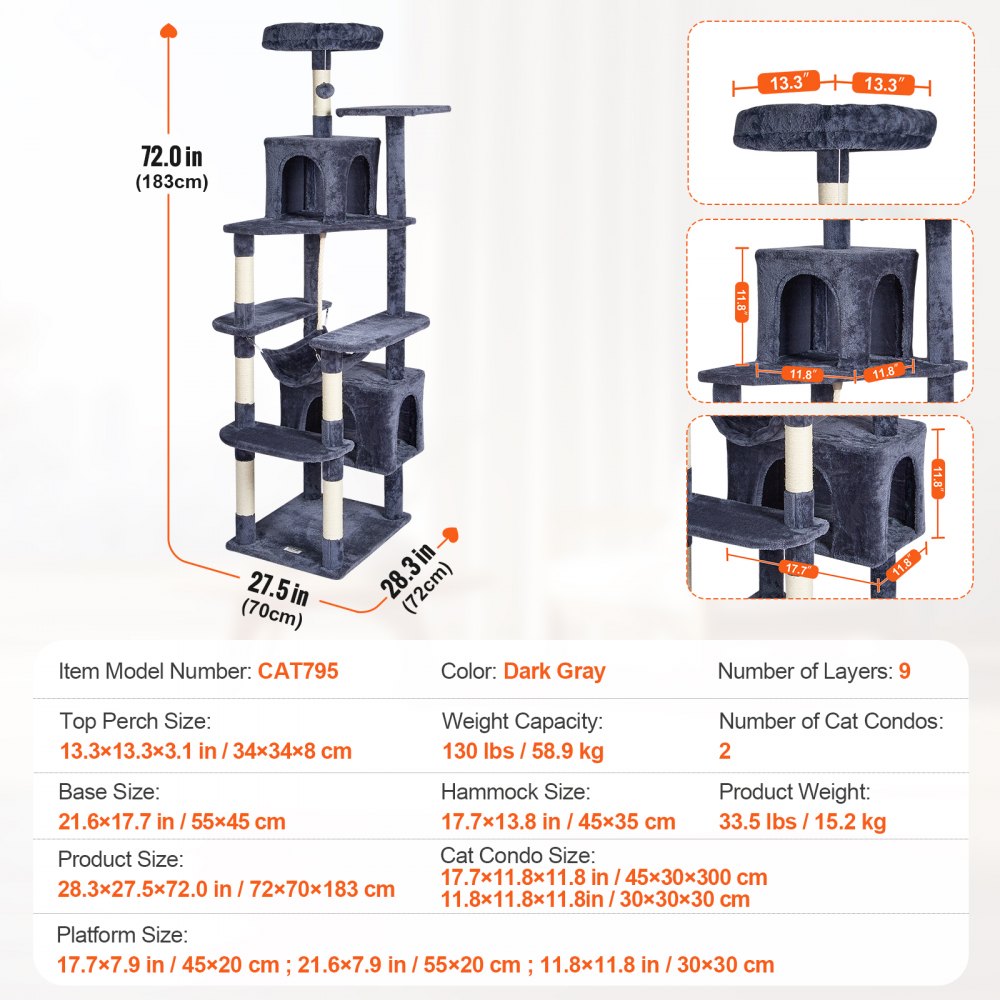 VEVOR Cat Tree for Indoor Cats, 72" Cat Tower with 2 Cat Condos, Sisal Scratching Post, Hammock, Top Perch, Jumping Platforms, Large Cat Furniture Activity Center with Hang Ball, Dark Grey