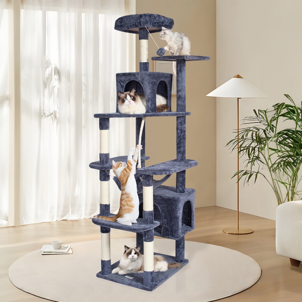 VEVOR Cat Tree for Indoor Cats, 72" Cat Tower with 2 Cat Condos, Sisal Scratching Post, Hammock, Top Perch, Jumping Platforms, Large Cat Furniture Activity Center with Hang Ball, Dark Grey