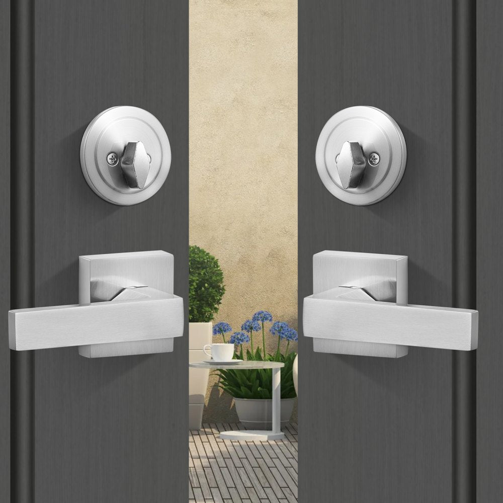 VEVOR Double Door Handle Set, Double Door Lock Set with Reversible Handle Lever, Satin Nickel Square Door Lever, Heavy Duty Double Front Door Handle Set with Dummy, for Front Door or Office Door