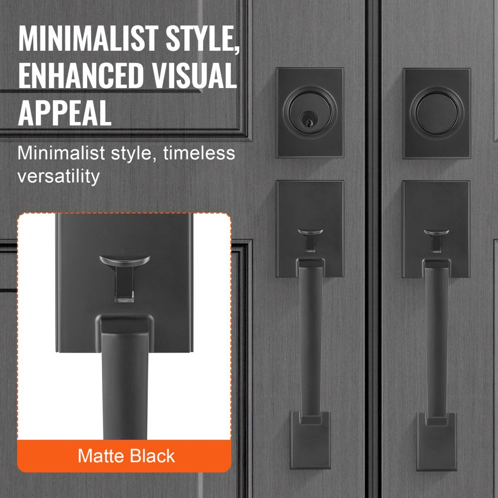 VEVOR Double Door Handle Set, Matte Black Square Door Lever, Double Front Door Handle Set with Reversible Handle Lever, Heavy Duty Double Door Lock Set with Dummy, for Office Door or Front Door