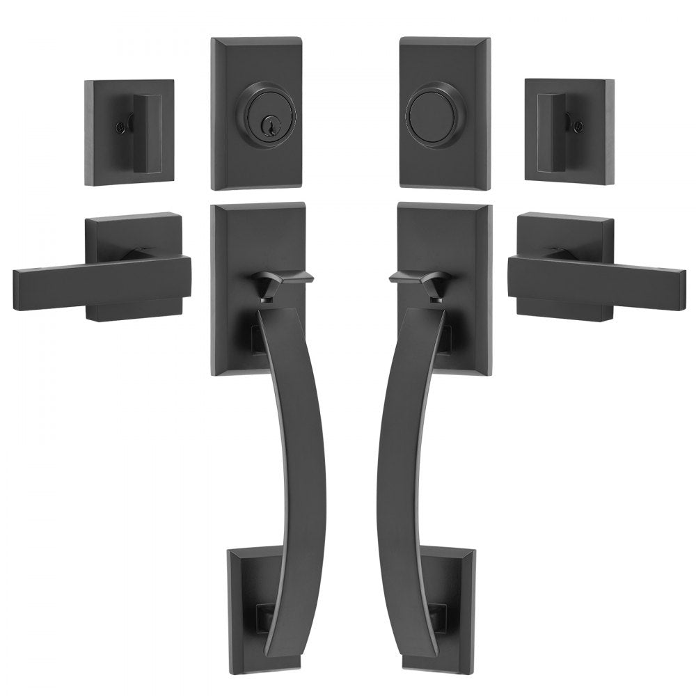 VEVOR Double Door Handle Set, Matte Black Arched Door Lever, Double Front Door Handle Set with Reversible Handle Lever, Heavy Duty Double Door Lock Set with Dummy, for Office Door or Front Door
