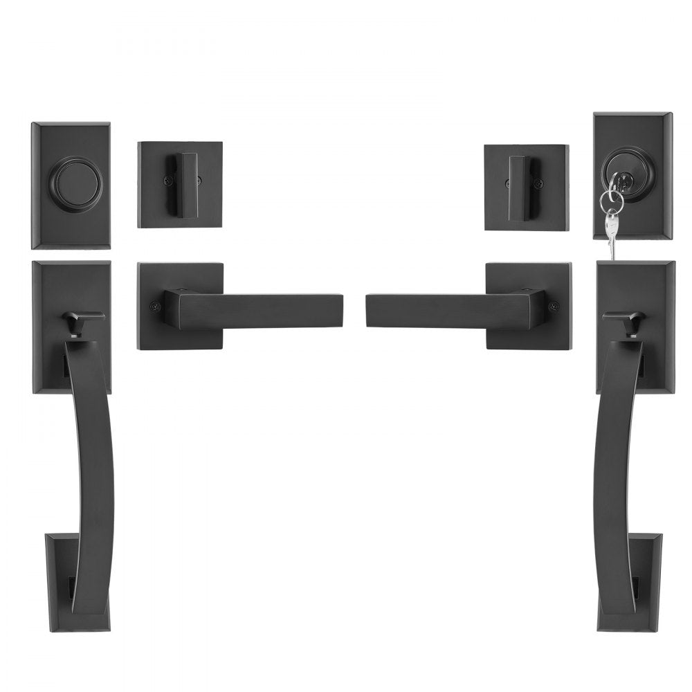 VEVOR Double Door Handle Set, Matte Black Arched Door Lever, Double Front Door Handle Set with Reversible Handle Lever, Heavy Duty Double Door Lock Set with Dummy, for Office Door or Front Door