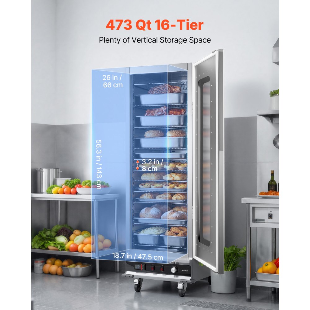 VEVOR Electric Hot Box Food Warmer, 16-Tier Commercial Warming Cabinet with Water Tray, Glass Door and Adjustable Shelves, Stainless Steel Food Warmer Cabinet, for Restaurant, Kitchen, Pizza, Chicken