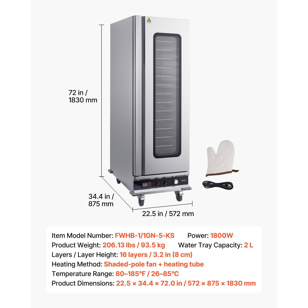 VEVOR Electric Hot Box Food Warmer, 16-Tier Commercial Warming Cabinet with Water Tray, Glass Door and Adjustable Shelves, Stainless Steel Food Warmer Cabinet, for Restaurant, Kitchen, Pizza, Chicken