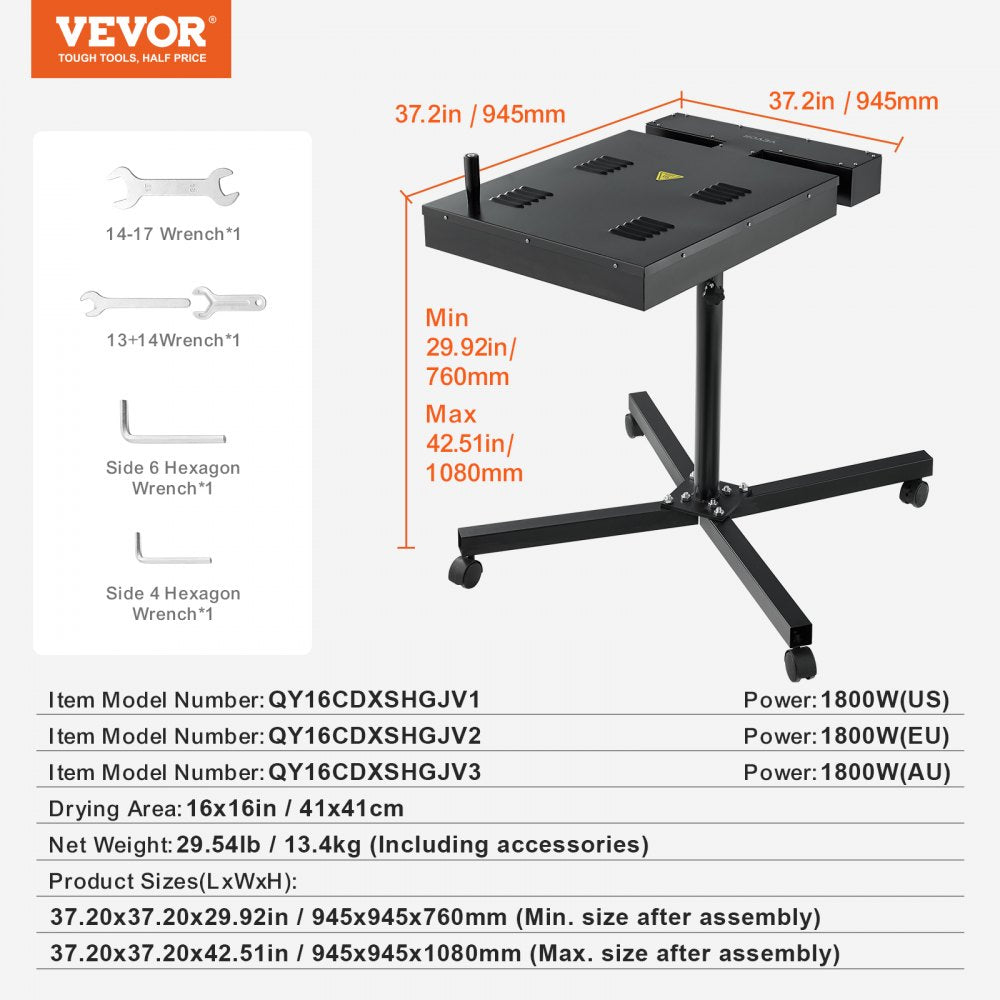 VEVOR Pro Flash Dryer 16x16 inch, Upgrade 1800W Electrical Control Box Flash Dryer for Screen Printing Machine with Height Adjustable Stand, 360° Rotation, X-Shaped Base, Steel T-Shirt Curing Machine