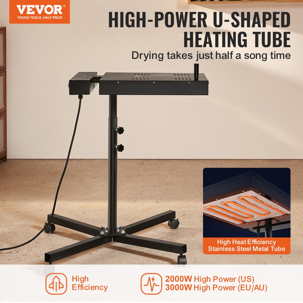 VEVOR Pro Flash Dryer 18x18 inch, Upgrade 2000W Electrical Control Box Flash Dryer for Screen Printing Machine with Height Adjustable Stand, 360° Rotation, X-Shaped Base, Steel T-Shirt Curing Machine