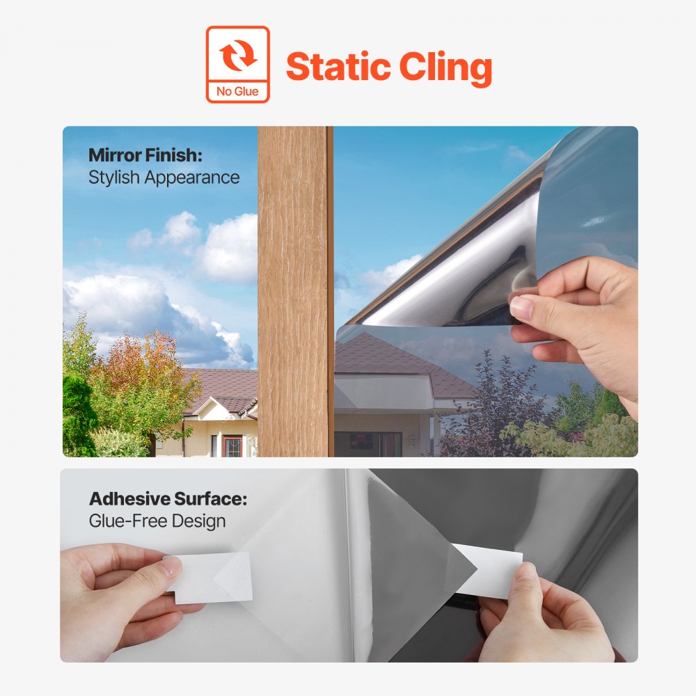 VEVOR Window Privacy Film, One Way Window Tint, Daytime Mirror Reflective Heat Control Glass, Static Cling Sun Blocking See out Not in Window Film for Home and Office, Black-Silver, 35.4 in x 13.1 ft