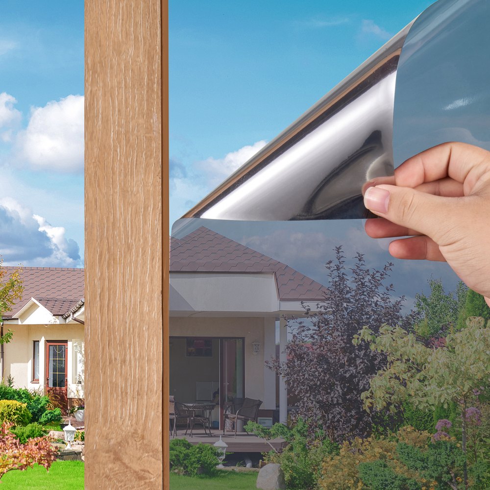 VEVOR Window Privacy Film, One Way Window Tint, Daytime Mirror Reflective Heat Control Glass, Static Cling Sun Blocking See out Not in Window Film for Home and Office, Black-Silver, 35.4 in x 13.1 ft