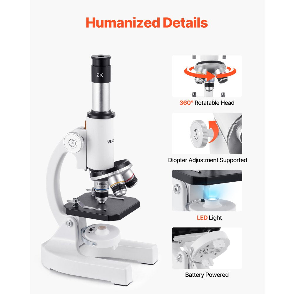 VEVOR Microscope for Kids Adults, 40X-2000X Professional Compound Microscope Mobile Phone Adapter with LED Light, for Laboratory, School, Home, Education