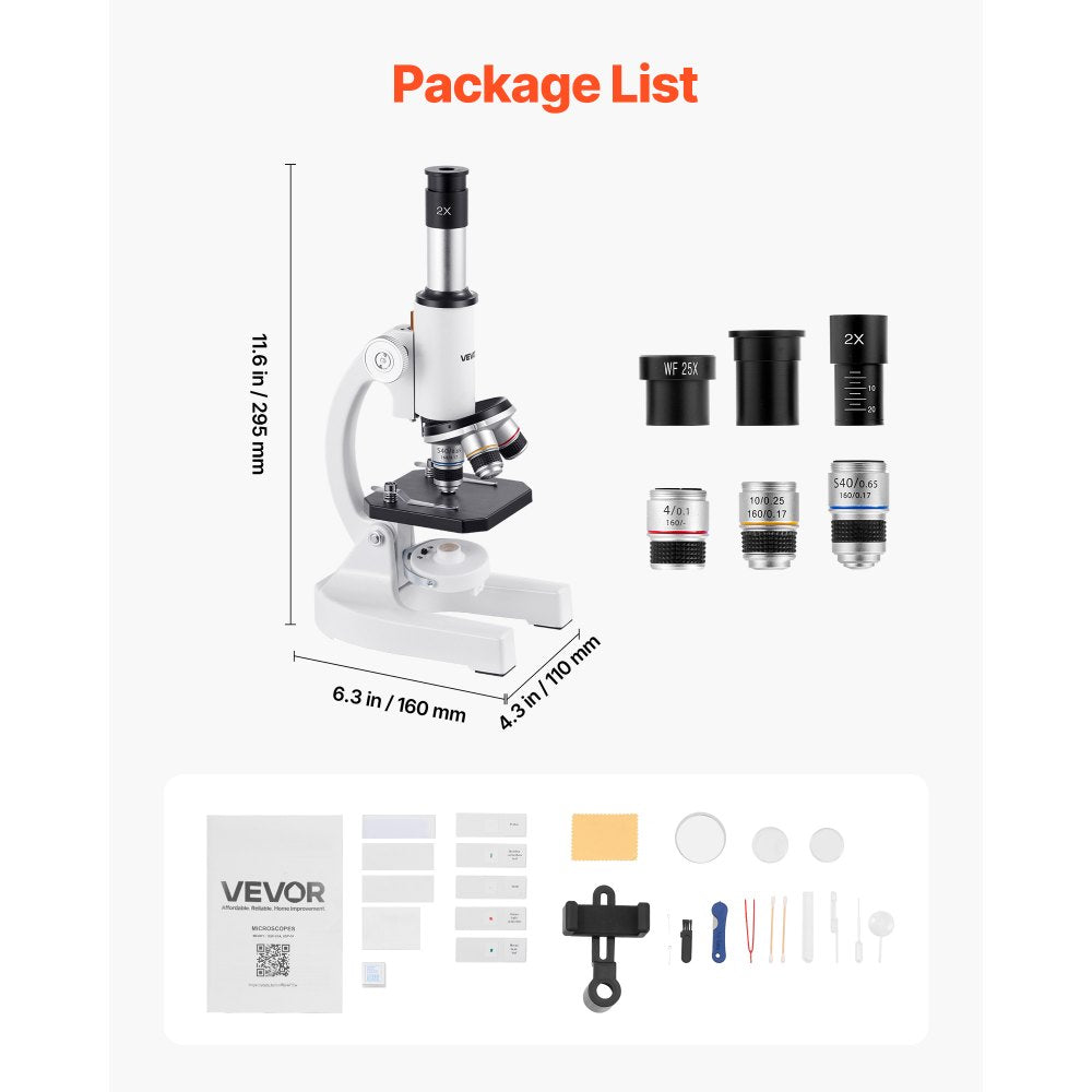 VEVOR Microscope for Kids Adults, 40X-2000X Professional Compound Microscope Mobile Phone Adapter with LED Light, for Laboratory, School, Home, Education