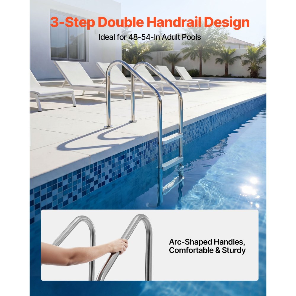 VEVOR Swimming Pool Ladder, 3-Step Stairs with Double Handrails, Non-slip Heavy Duty Wide Steps, Stainless Steel Frame, 265 lbs Capacity for 48-54 in Inground Pools Entry/Exits, Indoor & Outdoor