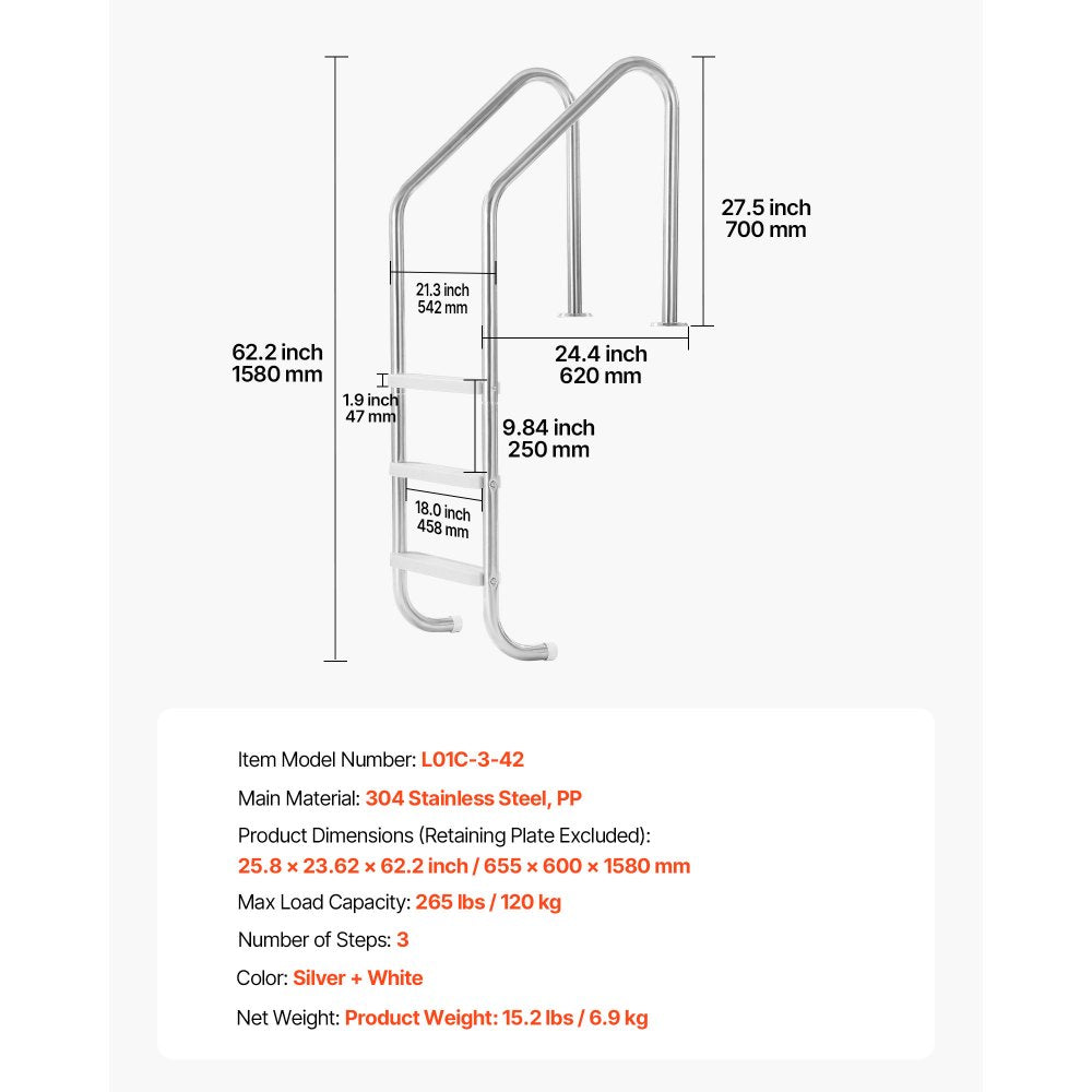 VEVOR Swimming Pool Ladder, 3-Step Stairs with Double Handrails, Non-slip Heavy Duty Wide Steps, Stainless Steel Frame, 265 lbs Capacity for 48-54 in Inground Pools Entry/Exits, Indoor & Outdoor