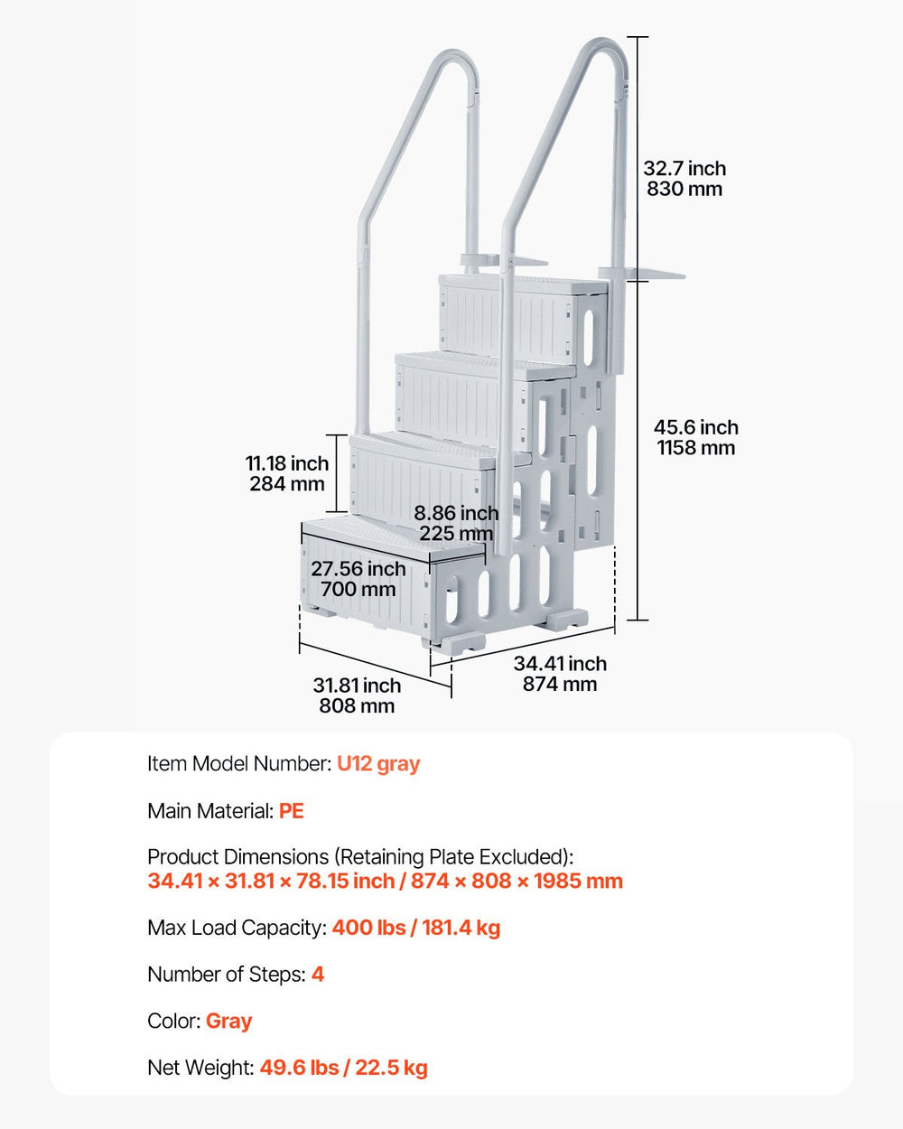 VEVOR Swimming Pool Ladder, 4-Step Double Handrails Stairs, Grey - image 7
