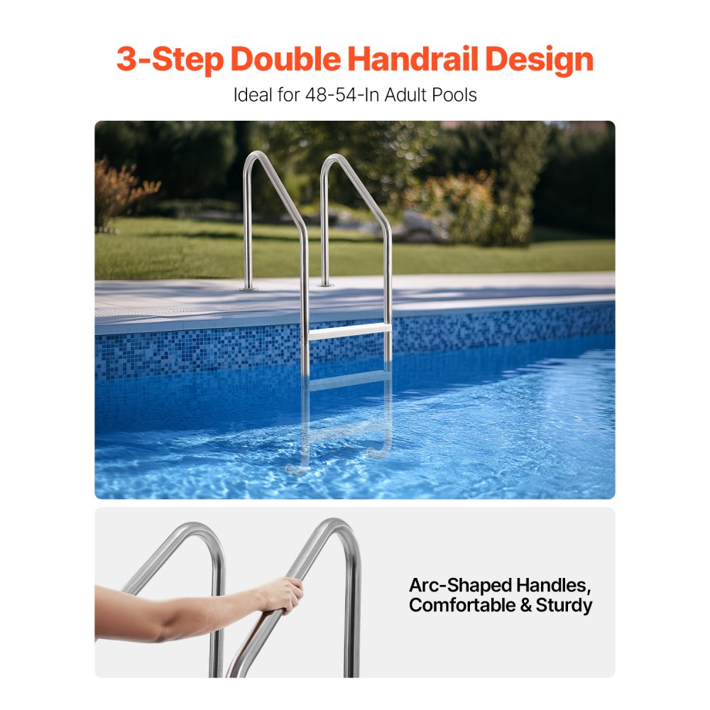 VEVOR Swimming Pool Ladder, 3-Step Double Handrails Stairs with Non-slip Heavy Duty Steps, Stainless Steel Load Capacity 265 lbs, for 48-54 In Inground Pools of Any Decking Surface Indoor & Outdoor