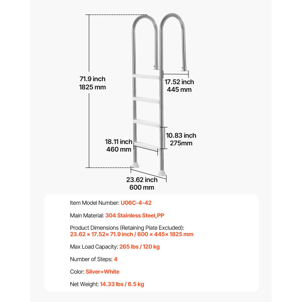 VEVOR Swimming Pool Ladder, 4-Step Double Handrails Stairs with Non-slip Heavy Duty Steps, Stainless Steel Load Capacity 265 lbs, for 54 In Inground Pools with Mounted Deck Board Indoor & Outdoor