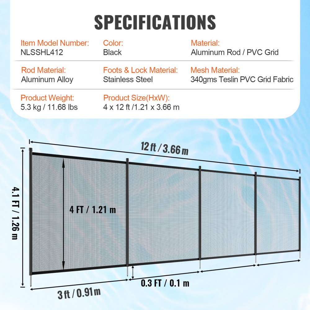 VEVOR Pool Fence, 4 x 12 FT Pool Fences for Inground Pools, Removable Child Safety Pool Fencing, Easy DIY Installation Swimming Pool Fence, 340gms Teslin PVC Pool Fence Mesh Protects Kids and Pets