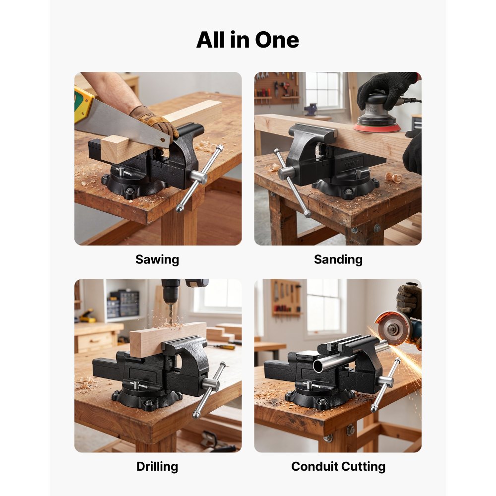 VEVOR Heavy Duty Bench Vise, 10" Jaw Width, Multi-Purpose Ductile Iron Bench Vise with Anvil and 360-Degree Locking Swivel Base, 4.3" Throat Depth, 10" Max Jaw Opening, for Drilling, Pipe Cutting