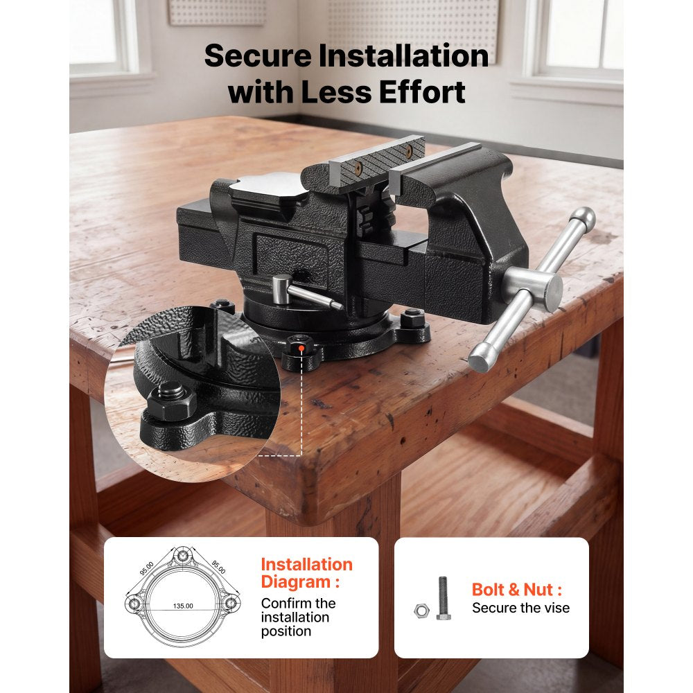 VEVOR Heavy Duty Bench Vise, 4" Jaw Width, Multi-Purpose Ductile Iron Bench Vise with Anvil and 360-Degree Locking Swivel Base, 2.24" Throat Depth, 4.7" Max Jaw Opening, for Drilling, Pipe Cutting
