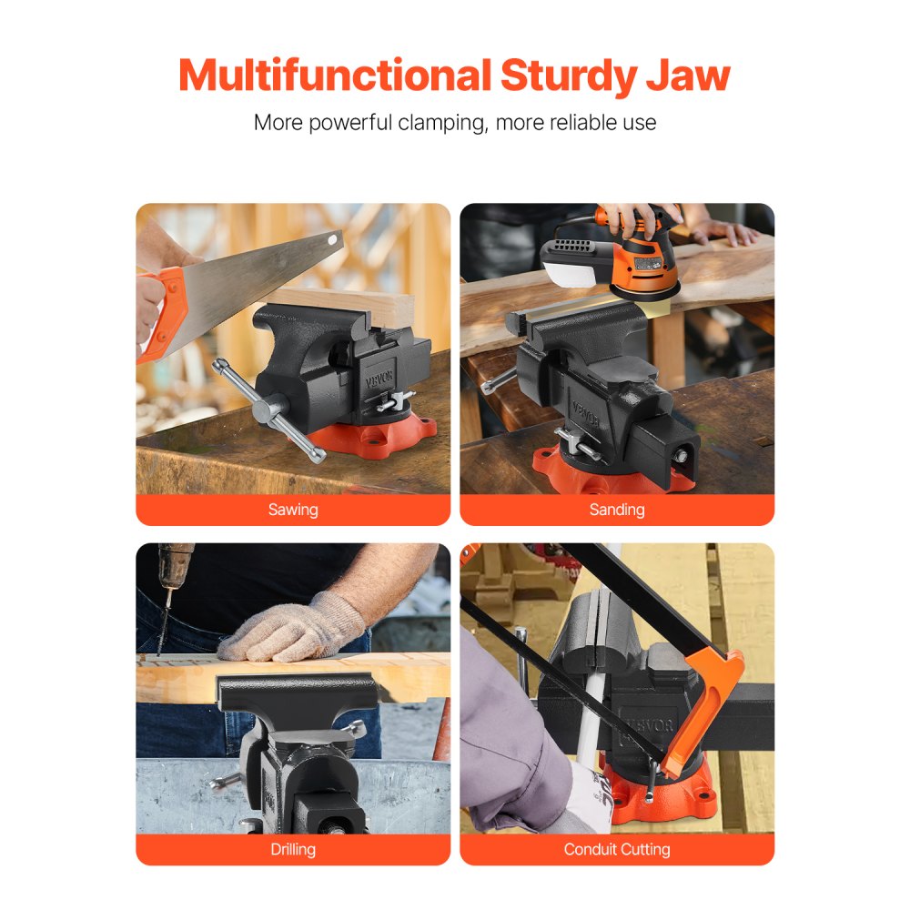 VEVOR Bench Vise, 5" Jaw Width, 5" Max Jaw Opening Multipurpose Vise with 360° Swivel Locking Base, 2.8" Throat Depth, Heavy Duty Ductile Iron Workbench Vise with Anvil, for Clamping Round Pipes