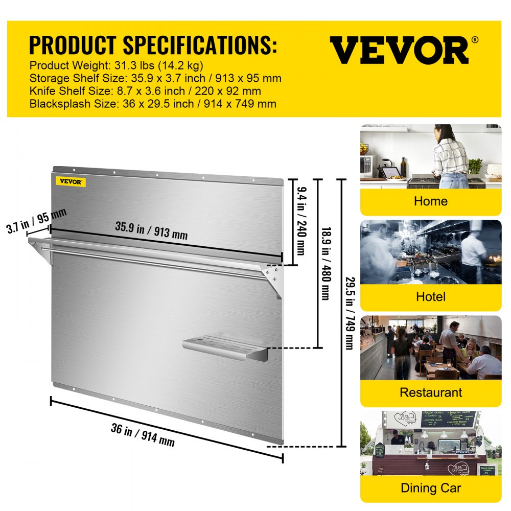 VEVOR Range Backsplash with Shelf 36 x 29.5 Inch Range Hood Wall Shield, Stainless Steel Backsplash Silver Splash Plate for Range Hood Stainless Backsplash with Built-in Storage Shelf and Hanging Rack