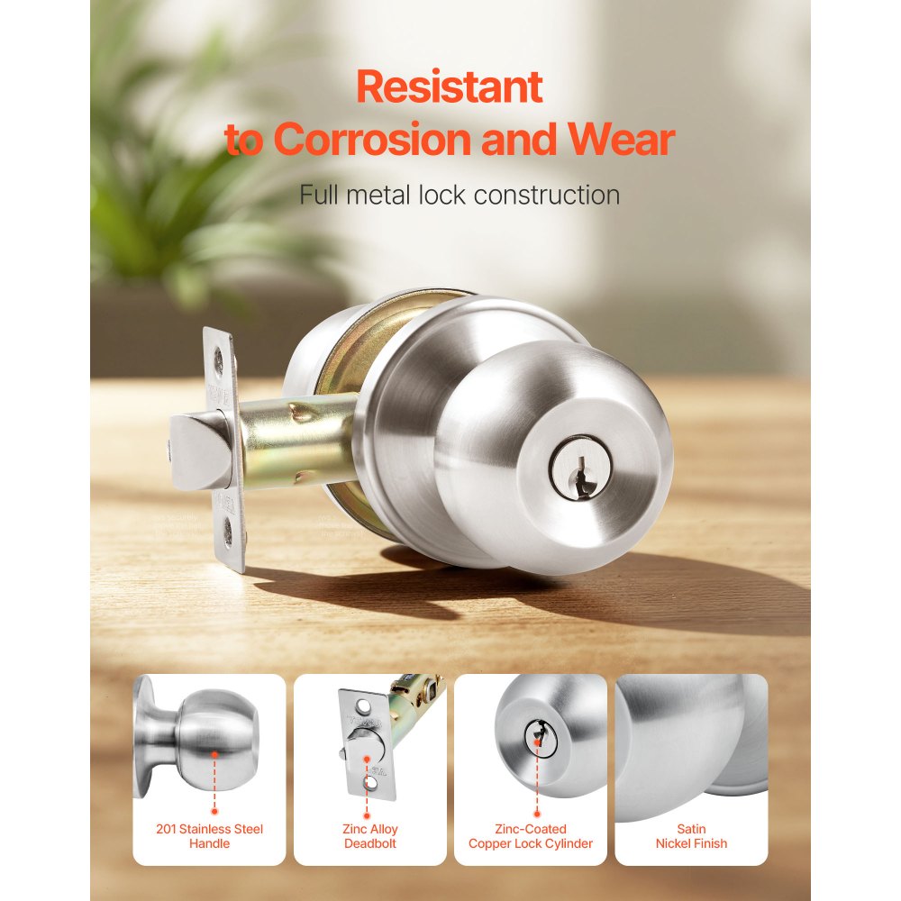 VEVOR Keyed Entry Door Knob, Satin Nickel Door Knob with Round Ball, Keyed Exterior & Thumb Turn Lock Interior, All Metal Doorknobs Hardware with Lock and Keys, Modern Design for Bedroom & Bathroom