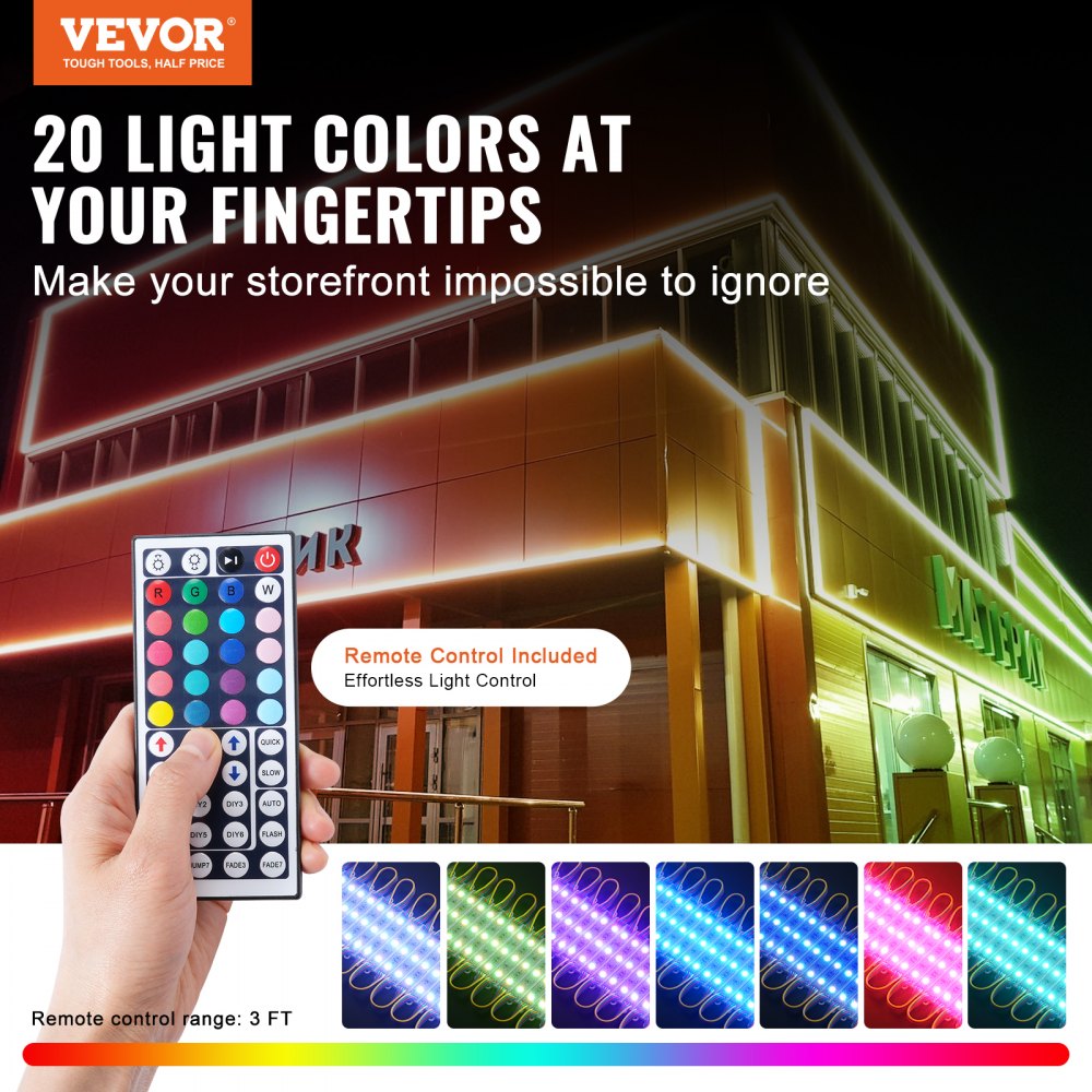 VEVOR 400PCS LED Storefront Lights, 207 ft, LED Module Lights, 5050 SMD 3-LED RGB Color Changing Window Lights with Remote Control for Business Store Window Advertising Letter Signs, IP68 Waterproof